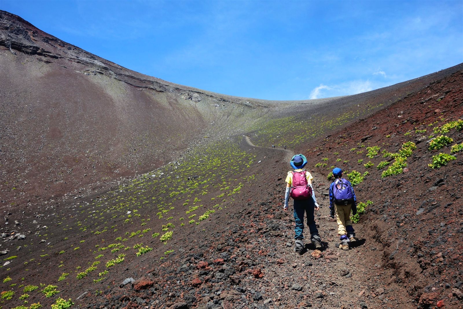 親子で火山の登山道を歩く後ろ姿